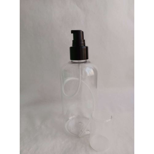 Bottiglia di plastica trasparente con pompa nera, 250 ml